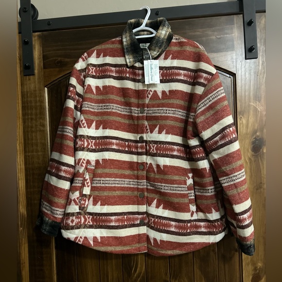 Southern Grace Jackets & Blazers - Southern Grace Red and Cream Patterned Utility Jacket
